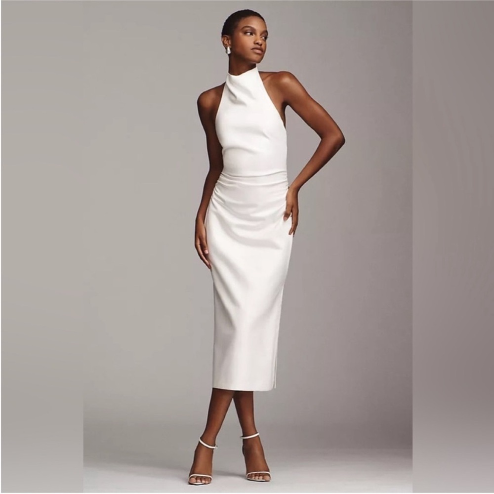 BHLDN HOLLY FAUX LEATHER HALTER MIDI DRESS